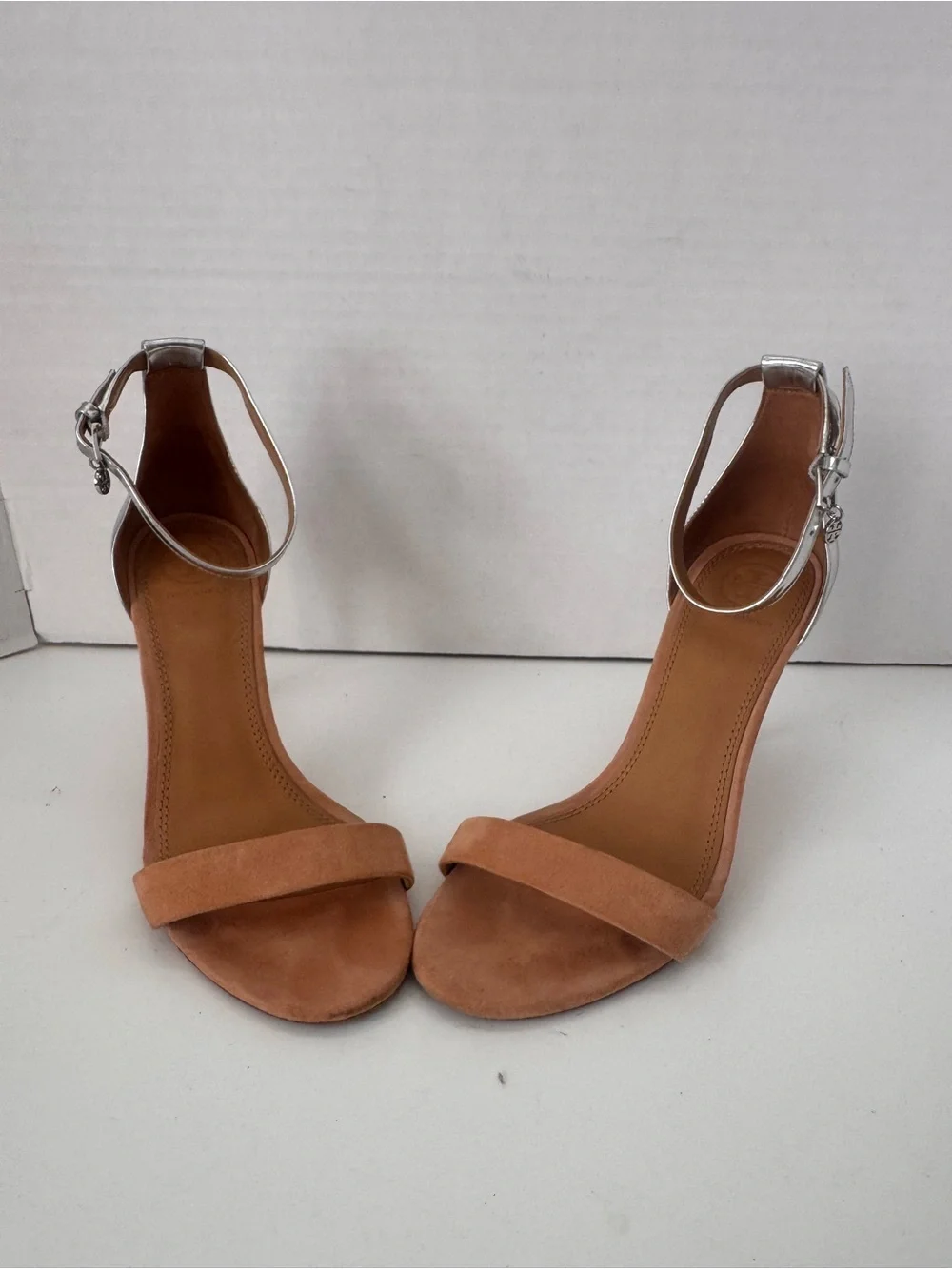 Tory Burch Ellie 85mm Silver Metallic Tan Suede Ankle Strap Sandals Heels 7M
